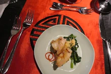 Tiger prawns and seared rice cakes